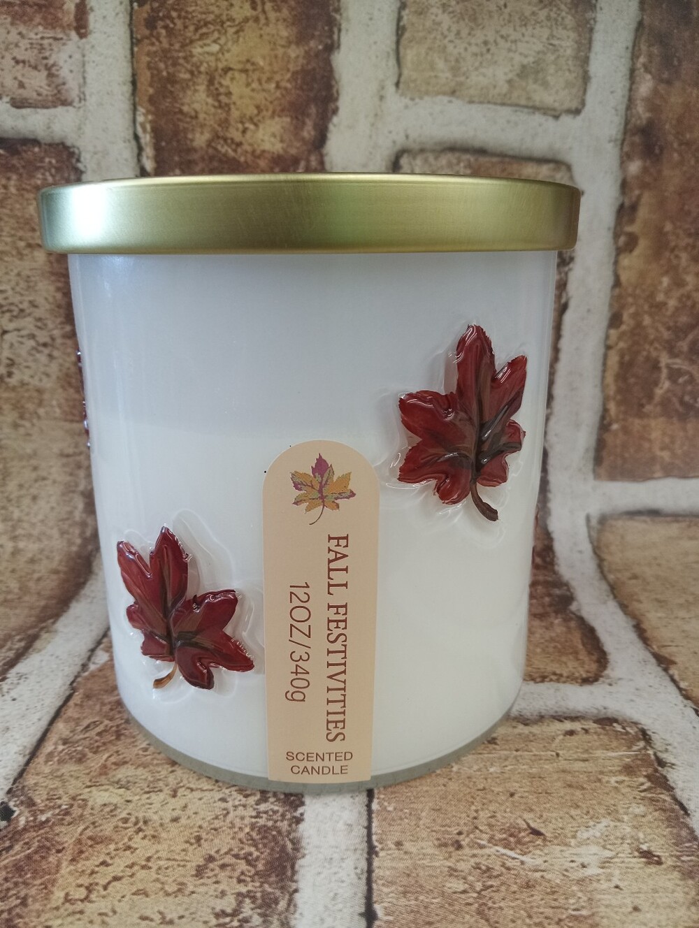 Large Glass Scented Candle - White with Red Leaf Accents